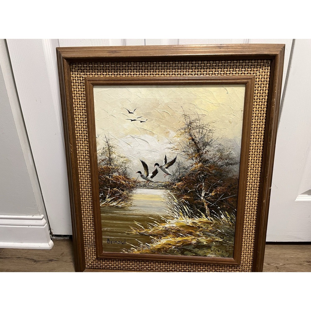 Vintage Signed Barnard Original Oil Painting Ducks Marsh Landscape Framed 24x20